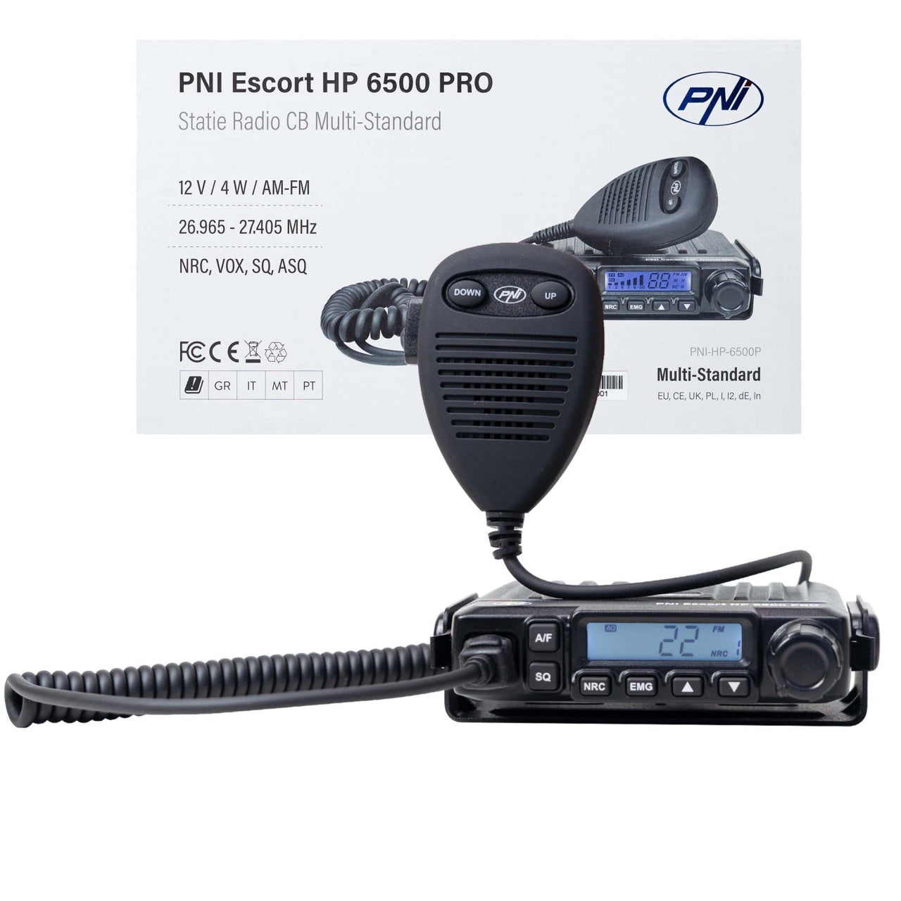 Statie radio CB PNI Escort HP 6500 PRO, multi-standard, VOX, NRC, 4W, AM-FM, 12V, SQ, ASQ, mufa de bricheta inclusa