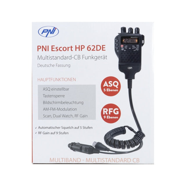 Statie radio CB portabila PNI Escort HP 62DE German version, multi standard, 4W, 12V, AM-FM, ASQ reglabil pe 5 niveluri, RF Gain pe 9 niveluri, Dual Watch, Scan, Lock