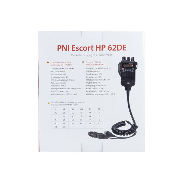 Statie radio CB portabila PNI Escort HP 62DE German version, multi standard, 4W, 12V, AM-FM, ASQ reglabil pe 5 niveluri, RF Gain pe 9 niveluri, Dual Watch, Scan, Lock