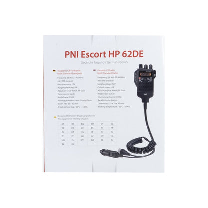 Statie radio CB portabila PNI Escort HP 62DE German version, multi standard, 4W, 12V, AM-FM, ASQ reglabil pe 5 niveluri, RF Gain pe 9 niveluri, Dual Watch, Scan, Lock