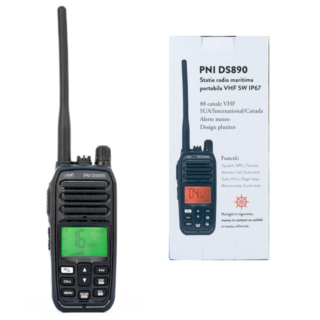 Statie radio maritima portabila PNI DS890, 88 canale, 10 canale meteo, Squelch reglabil, Roger Beep, Dual Watch, Scan, Call, NRC, acumulator 1800mAh, IP67