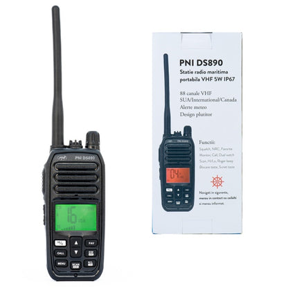 Statie radio maritima portabila PNI DS890, 88 canale, 10 canale meteo, Squelch reglabil, Roger Beep, Dual Watch, Scan, Call, NRC, acumulator 1800mAh, IP67