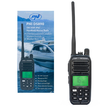 Statie radio maritima portabila PNI DS890, 88 canale, 10 canale meteo, Squelch reglabil, Roger Beep, Dual Watch, Scan, Call, NRC, acumulator 1800mAh, IP67