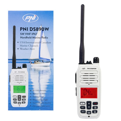 Statie radio maritima portabila PNI DS890W, 88 canale, 10 canale meteo, Squelch reglabil, Roger Beep, Dual Watch, Scan, Call, NRC, acumulator 1800mAh, IP67