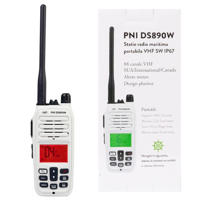 Statie radio maritima portabila PNI DS890W, 88 canale, 10 canale meteo, Squelch reglabil, Roger Beep, Dual Watch, Scan, Call, NRC, acumulator 1800mAh, IP67