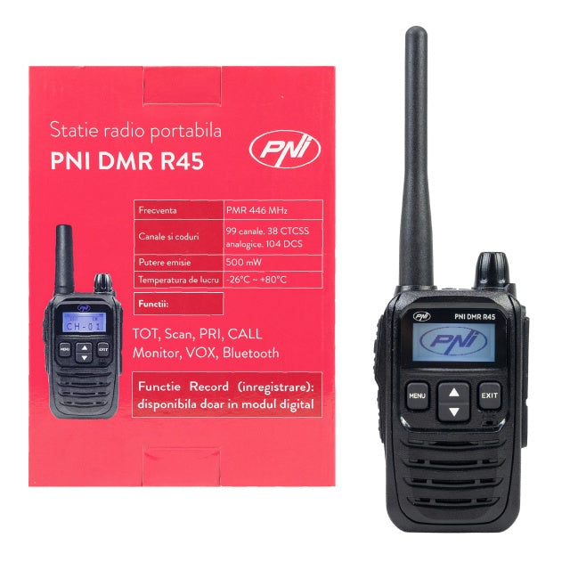 Statie radio portabila PNI DMR R45, digital si analogic, 446MHz, 16 canale digitale si 99 canale analogice, functie inregistrare voce, baterie Li-Ion 2000mAh