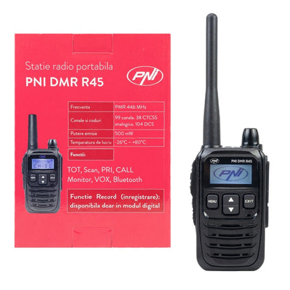Statie radio portabila PNI DMR R45, digital si analogic, 446MHz, 16 canale digitale si 99 canale analogice, functie inregistrare voce, baterie Li-Ion 2000mAh