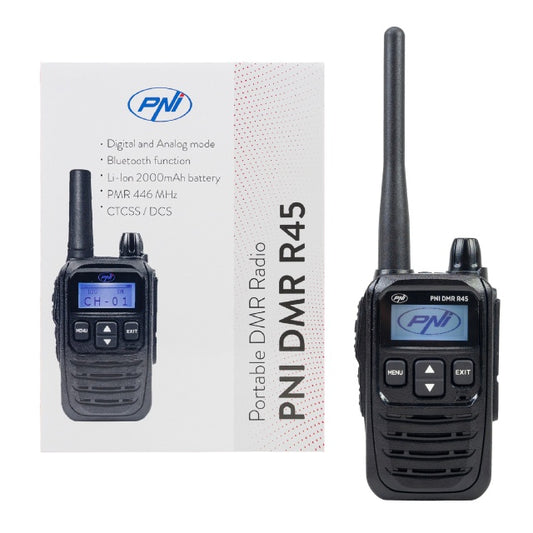 Statie radio portabila PNI DMR R45, digital si analogic, 446MHz, 16 canale digitale si 99 canale analogice, functie inregistrare voce, baterie Li-Ion 2000mAh