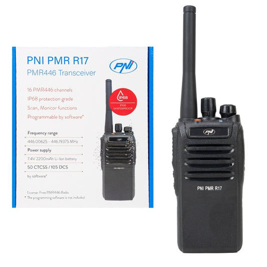 Statie radio portabila PNI PMR R17 446MHz, 0.5W, 16 canale PMR si tonuri 50 CTCSS si 104 DCS, programabila, Li-Ion 2200 mAh, IP68