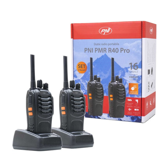 Statie radio portabila PNI PMR R40 PRO, set cu 2 buc, 0.5W, 16 canale programabile, 16 PMR si tonuri 50 CTCSS si 104 DCS, ASQ, TOT, monitor, programabila, acumulatori 1200mAh, incarcatoare si casti in