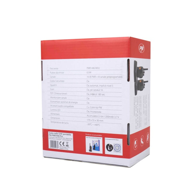 Statie radio portabila PNI PMR R40 PRO, set cu 2 buc, 0.5W, 16 canale programabile, 16 PMR si tonuri 50 CTCSS si 104 DCS, ASQ, TOT, monitor, programabila, acumulatori 1200mAh, incarcatoare si casti in