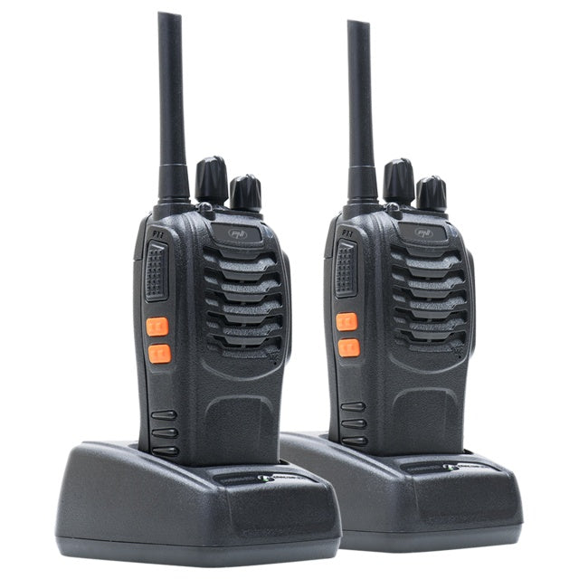 Statie radio portabila PNI PMR R40 PRO, set cu 2 buc, 0.5W, 16 canale programabile, 16 PMR si tonuri 50 CTCSS si 104 DCS, ASQ, TOT, monitor, programabila, acumulatori 1200mAh, incarcatoare si casti in