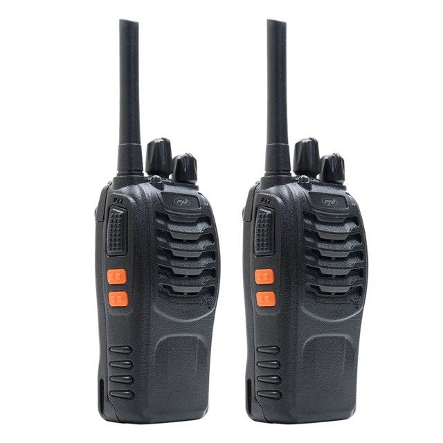 Statie radio portabila PNI PMR R40 PRO, set cu 2 buc, 0.5W, 16 canale programabile, 16 PMR si tonuri 50 CTCSS si 104 DCS, ASQ, TOT, monitor, programabila, acumulatori 1200mAh, incarcatoare si casti in