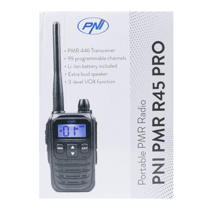 Statie radio portabila PNI PMR R45 PRO 446MHz, 0.5W, 99 canale programabile, 16 PMR si tonuri 38 CTCSS si 104 DCS, Squelch 5 niveluri, VOX, TOT, BCL, Scan, Roger Beep