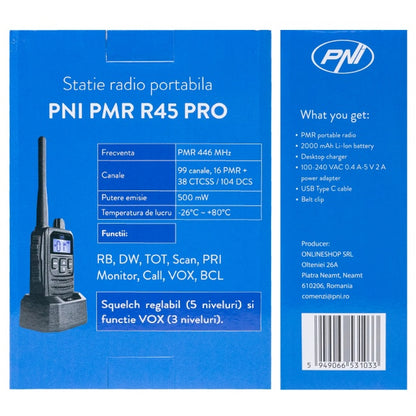 Statie radio portabila PNI PMR R45 PRO 446MHz, 0.5W, 99 canale programabile, 16 PMR si tonuri 38 CTCSS si 104 DCS, Squelch 5 niveluri, VOX, TOT, BCL, Scan, Roger Beep
