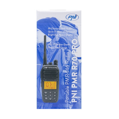 Statie radio portabila PNI PMR R70 PRO 446MHz, 16CH 0.5W, 99 canale programabile PC, tonuri 50 CTCSS si 166 DCS, IP67