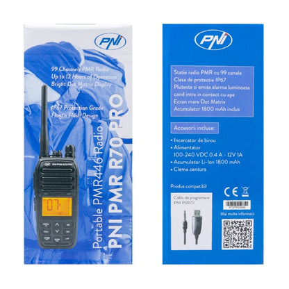 Statie radio portabila PNI PMR R70 PRO 446MHz, 16CH 0.5W, 99 canale programabile PC, tonuri 50 CTCSS si 166 DCS, IP67
