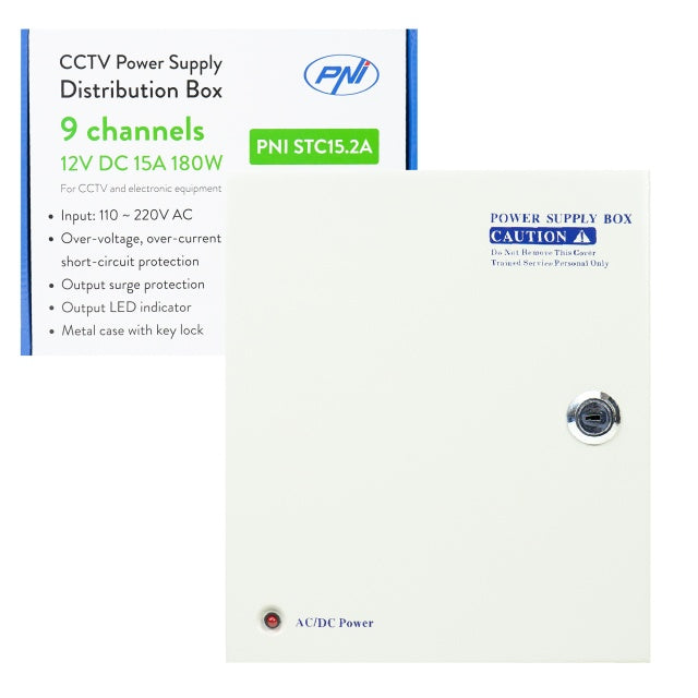 Sursa alimentare CCTV PNI STC15.2A in cutie metalica, 12V 15A 180W, 9 iesiri