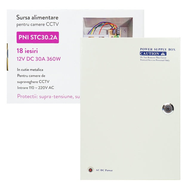 Sursa alimentare CCTV PNI STC30.2A in cutie metalica 12V 30A 360W, 18 iesiri