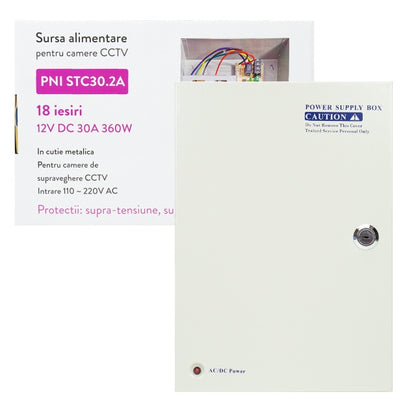 Sursa alimentare CCTV PNI STC30.2A in cutie metalica 12V 30A 360W, 18 iesiri