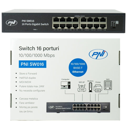 Switch PNI SW016, 16 x 10/100/1000 Mbps, Gigabit, carcasa metalica