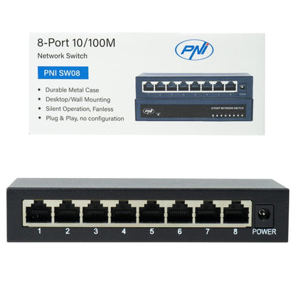 Switch PNI SW08 cu 8 porturi 10/100 Mbps, carcasa metalica, fara ventilator, plug & play, protectie fulger 4KV