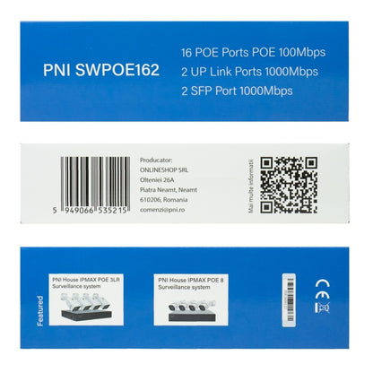 Switch POE PNI SWPOE162, 16 porturi POE 100 Mbps, 2 porturi UP Link 1000 Mbps, 1 port SFP 1000Mbps, 240W, functie AI Extend pana la 250m, protectie fulger 4kV