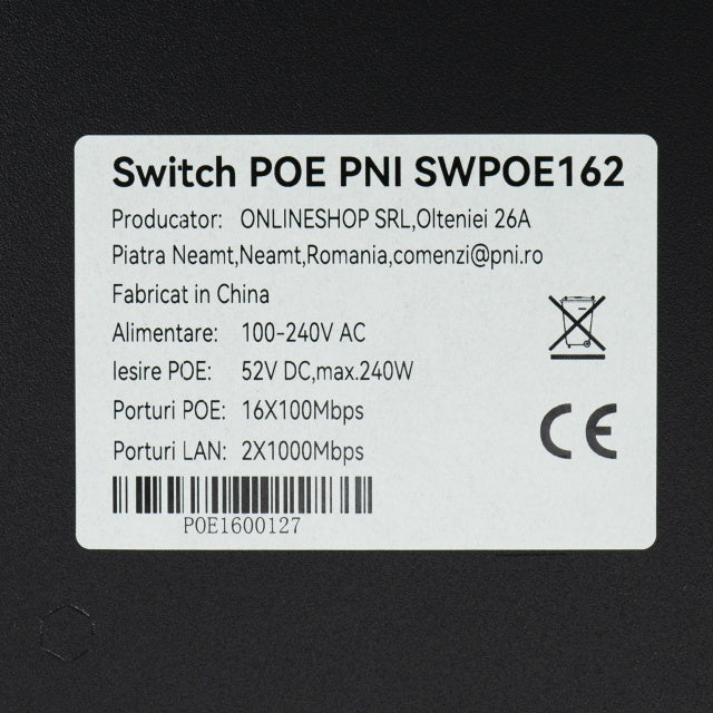 Switch POE PNI SWPOE162, 16 porturi POE 100 Mbps, 2 porturi UP Link 1000 Mbps, 1 port SFP 1000Mbps, 240W, functie AI Extend pana la 250m, protectie fulger 4kV