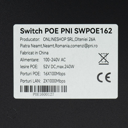 Switch POE PNI SWPOE162, 16 porturi POE 100 Mbps, 2 porturi UP Link 1000 Mbps, 1 port SFP 1000Mbps, 240W, functie AI Extend pana la 250m, protectie fulger 4kV