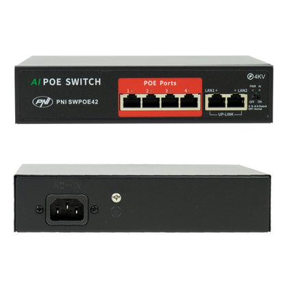 Switch POE PNI SWPOE42, 4 porturi POE 100 Mbps si 2 porturi UP Link 100 Mbps, 65W, functie AI Extend pana la 250m, protectie fulger 4kV
