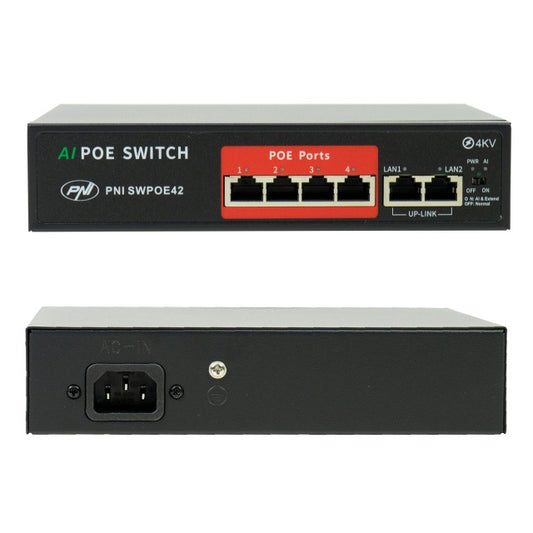 Switch POE PNI SWPOE42, 4 porturi POE 100 Mbps si 2 porturi UP Link 100 Mbps, 65W, functie AI Extend pana la 250m, protectie fulger 4kV