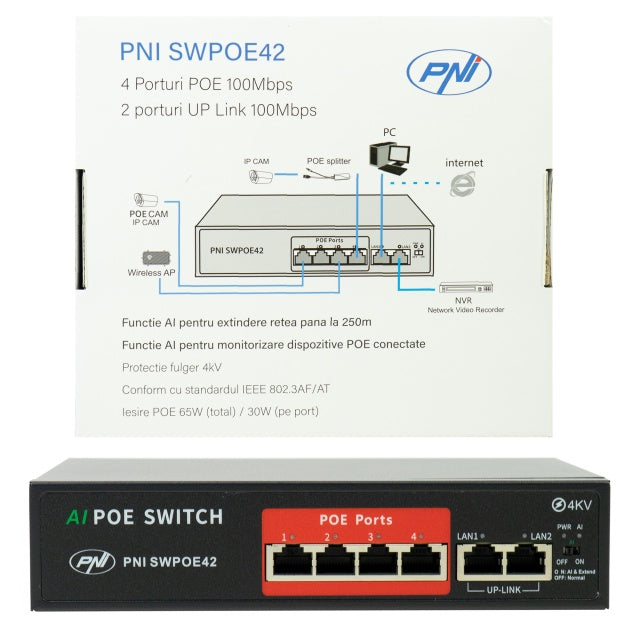 Switch POE PNI SWPOE42, 4 porturi POE 100 Mbps si 2 porturi UP Link 100 Mbps, 65W, functie AI Extend pana la 250m, protectie fulger 4kV