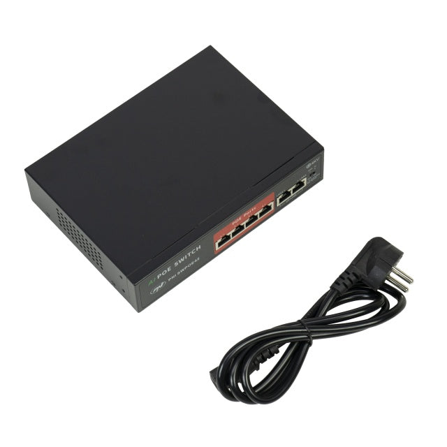 Switch POE PNI SWPOE42, 4 porturi POE 100 Mbps si 2 porturi UP Link 100 Mbps, 65W, functie AI Extend pana la 250m, protectie fulger 4kV