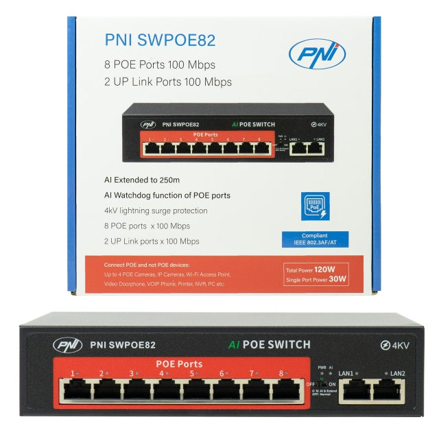 Switch POE PNI SWPOE82, 8 porturi POE 100 Mbps si 2 porturi UP Link 100 Mbps, 120W, functie AI Extend pana la 250m, protectie fulger 4kV