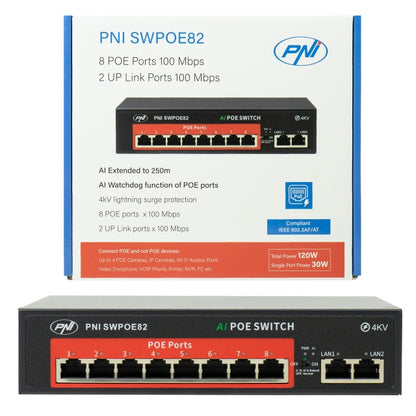 Switch POE PNI SWPOE82, 8 porturi POE 100 Mbps si 2 porturi UP Link 100 Mbps, 120W, functie AI Extend pana la 250m, protectie fulger 4kV