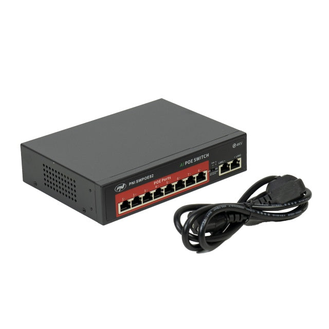 Switch POE PNI SWPOE82, 8 porturi POE 100 Mbps si 2 porturi UP Link 100 Mbps, 120W, functie AI Extend pana la 250m, protectie fulger 4kV