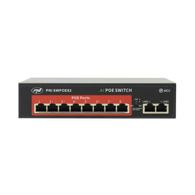 Switch POE PNI SWPOE82, 8 porturi POE 100 Mbps si 2 porturi UP Link 100 Mbps, 120W, functie AI Extend pana la 250m, protectie fulger 4kV