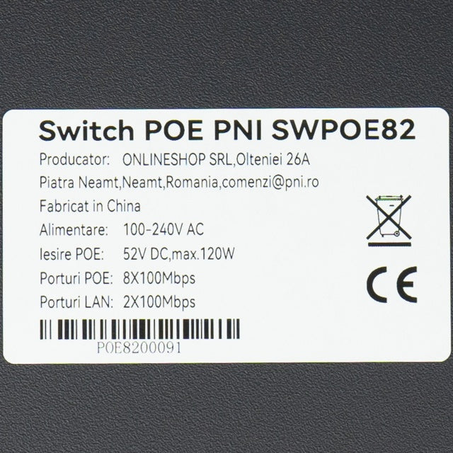 Switch POE PNI SWPOE82, 8 porturi POE 100 Mbps si 2 porturi UP Link 100 Mbps, 120W, functie AI Extend pana la 250m, protectie fulger 4kV