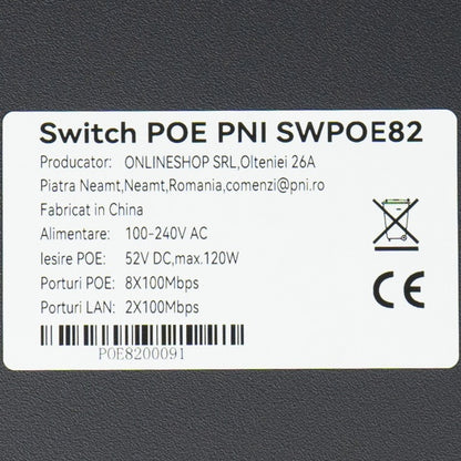 Switch POE PNI SWPOE82, 8 porturi POE 100 Mbps si 2 porturi UP Link 100 Mbps, 120W, functie AI Extend pana la 250m, protectie fulger 4kV