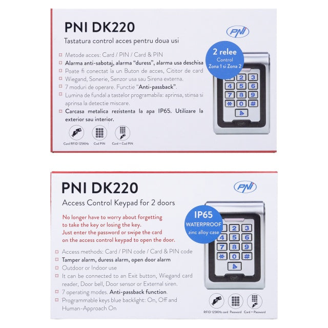 Tastatura control acces PNI DK220, stand alone, exterior si interior, IP65, cu 2 relee