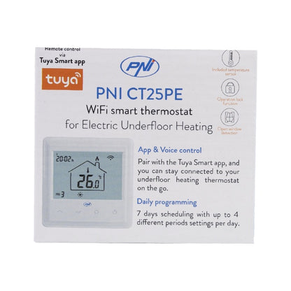 Termostat inteligent incastrabil PNI CT25PE WiFi, control prin internet incalzire electrica in pardoseala, aplicatie mobil Tuya Smart, integrare in scenarii si automatizari smart cu alte produse compa