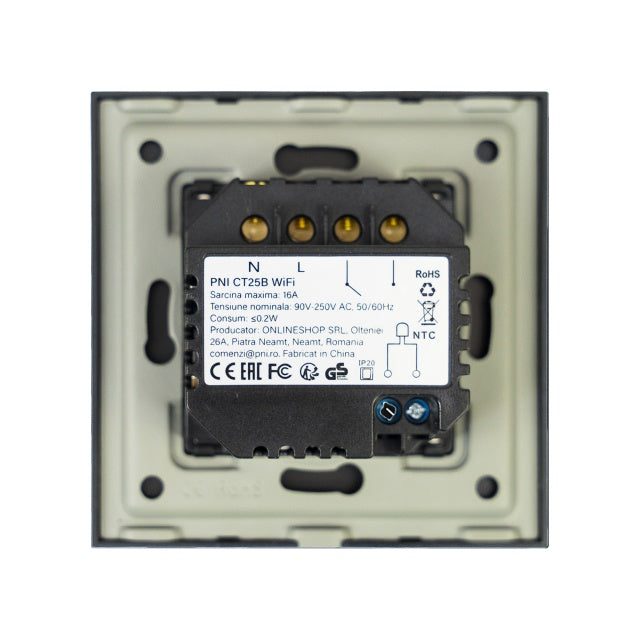 Termostat inteligent PNI CT25B WiFi pentru centrala termica pe gaz, montaj incastrat, 16A, control din aplicatia Tuya Smart, programare zilnica, mod manual/automat, culoare negru