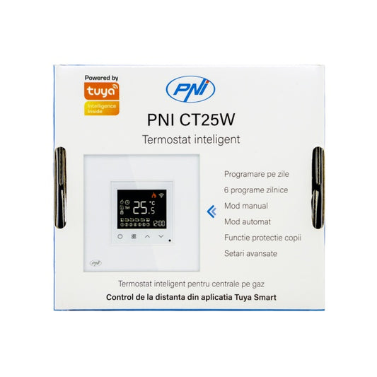 Termostat inteligent PNI CT25W WiFi pentru centrala termica pe gaz, montaj incastrat, 16A, control din aplicatia Tuya Smart, programare zilnica, mod manual/automat, culoare alb