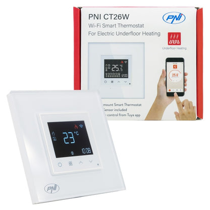 Termostat inteligent PNI CT26W WiFi incalzire in pardoseala electrica sau grup pompare, senzor pardoseala inclus, montaj incastrat, control din aplicatia Tuya Smart, programare zilnica, mod manual/aut