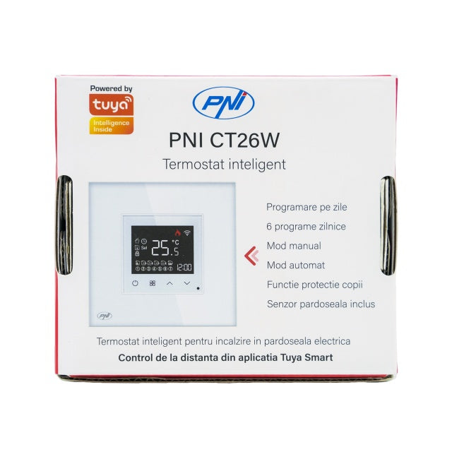Termostat inteligent PNI CT26W WiFi incalzire in pardoseala electrica sau grup pompare, senzor pardoseala inclus, montaj incastrat, control din aplicatia Tuya Smart, programare zilnica, mod manual/aut