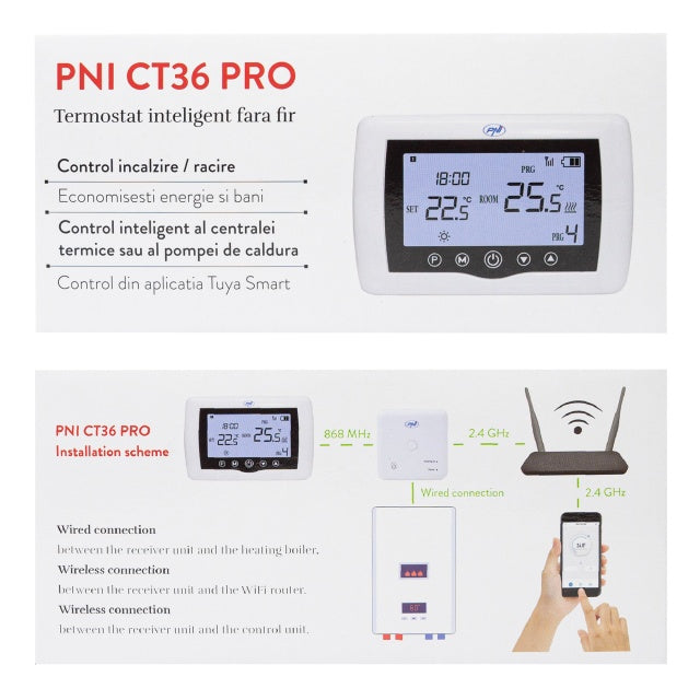 Termostat inteligent PNI CT36 PRO fara fir, WiFi 2.4GHz, control prin Internet APP TuyaSmart, regim iarna-vara, pentru centrale termice