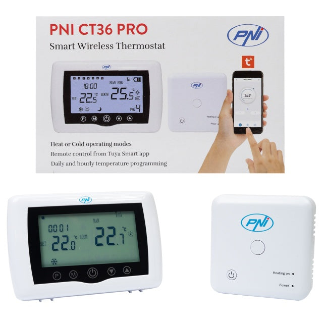 Termostat inteligent PNI CT36 PRO fara fir, WiFi 2.4GHz, control prin Internet APP TuyaSmart, regim iarna-vara, pentru centrale termice