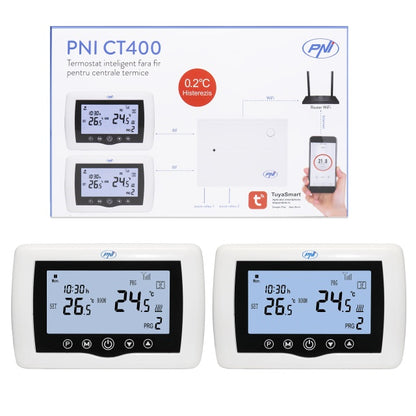 Termostat inteligent PNI CT400 fara fir, cu WiFi, controleaza 1 centrala si 2 zone diferite, parter etaj prin Internet, pentru centrale termice, pompe, electrovalve, APP TuyaSmart, histerezis 0.2 grad