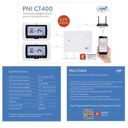 Termostat inteligent PNI CT400 fara fir, cu WiFi, controleaza 1 centrala si 2 zone diferite, parter etaj prin Internet, pentru centrale termice, pompe, electrovalve, APP TuyaSmart, histerezis 0.2 grad