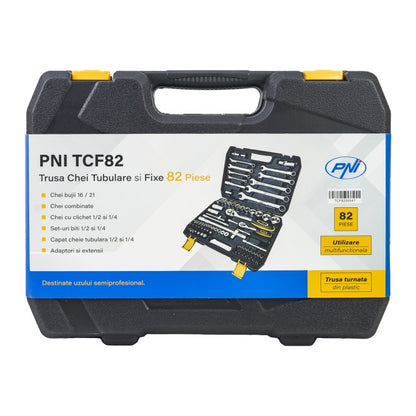 Trusa multifunctionala cu chei tubulare si fixe PNI TCF82, 82 de piese, cutie din plastic
